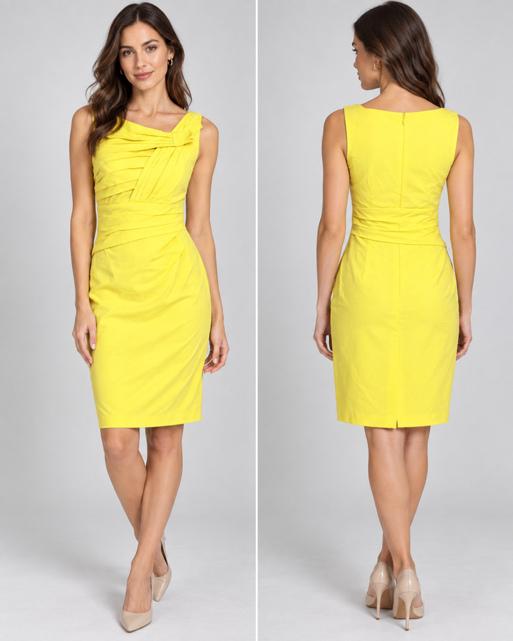 Suzi Chin for Maggy Boutique Womens Yellow Sheath Dress M Pleated Asymmetrical